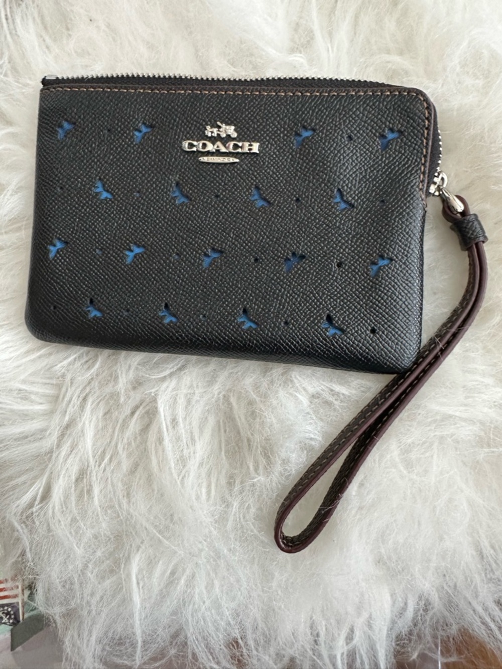 Coach Black Wristlet with Butterflies and Blue Accents